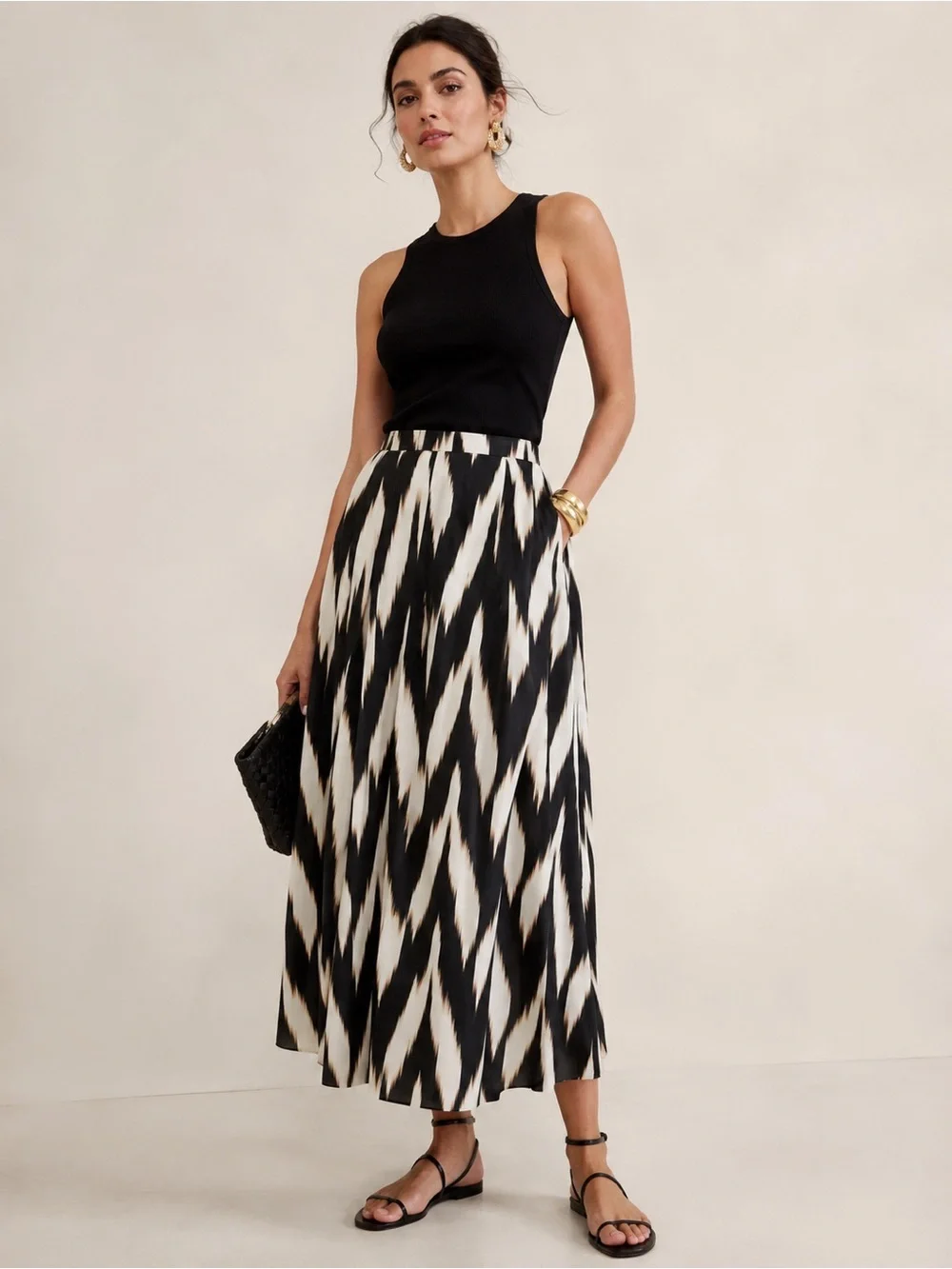 Banana Republic Linen Blend Pleated Ikat Print Midi Skirt Size 14 NWOT